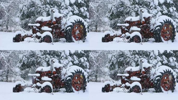 旧拖拉机在暴风雪中抛锚了。