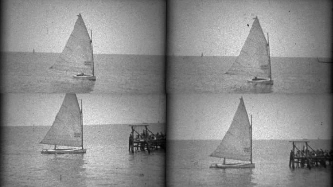 1934年，一艘单人帆船驶入码头。