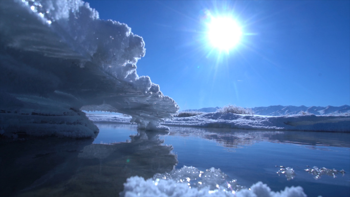 唯美冬季温泉河流冰雪融化