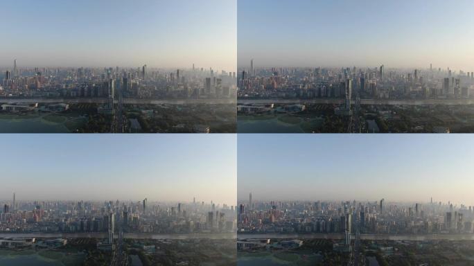 航拍武汉城市清晨迷雾