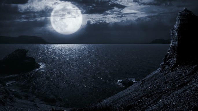 夜间满月海景夜空月空夜黑风高月色夜色