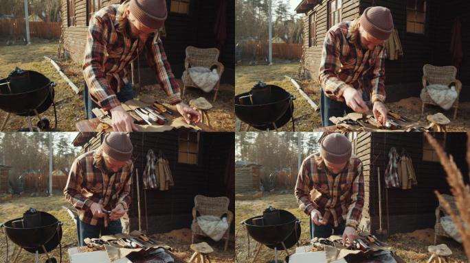 男子准备烧烤餐刀厨师制作美食食材饭店餐厅