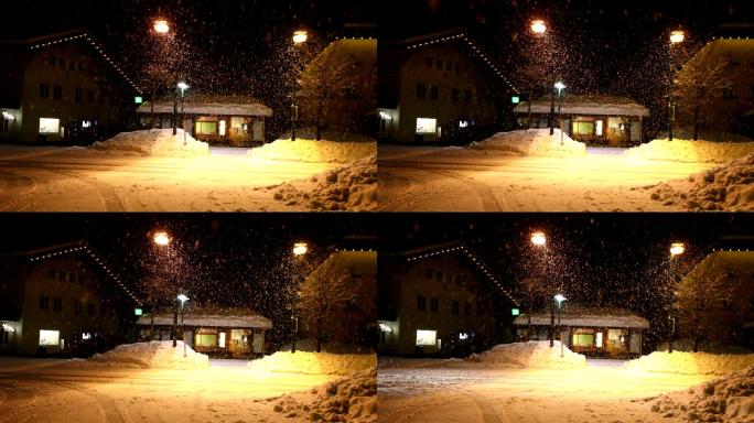 夜间村庄下起大雪雪季雪天农庄农村路灯下马
