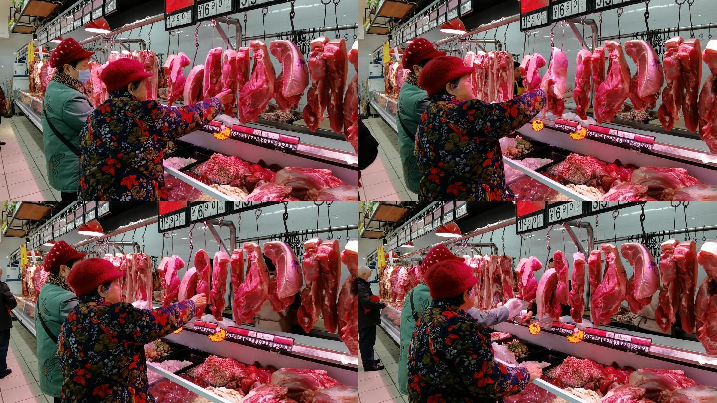 顾客消费者老太太超市购买猪肉