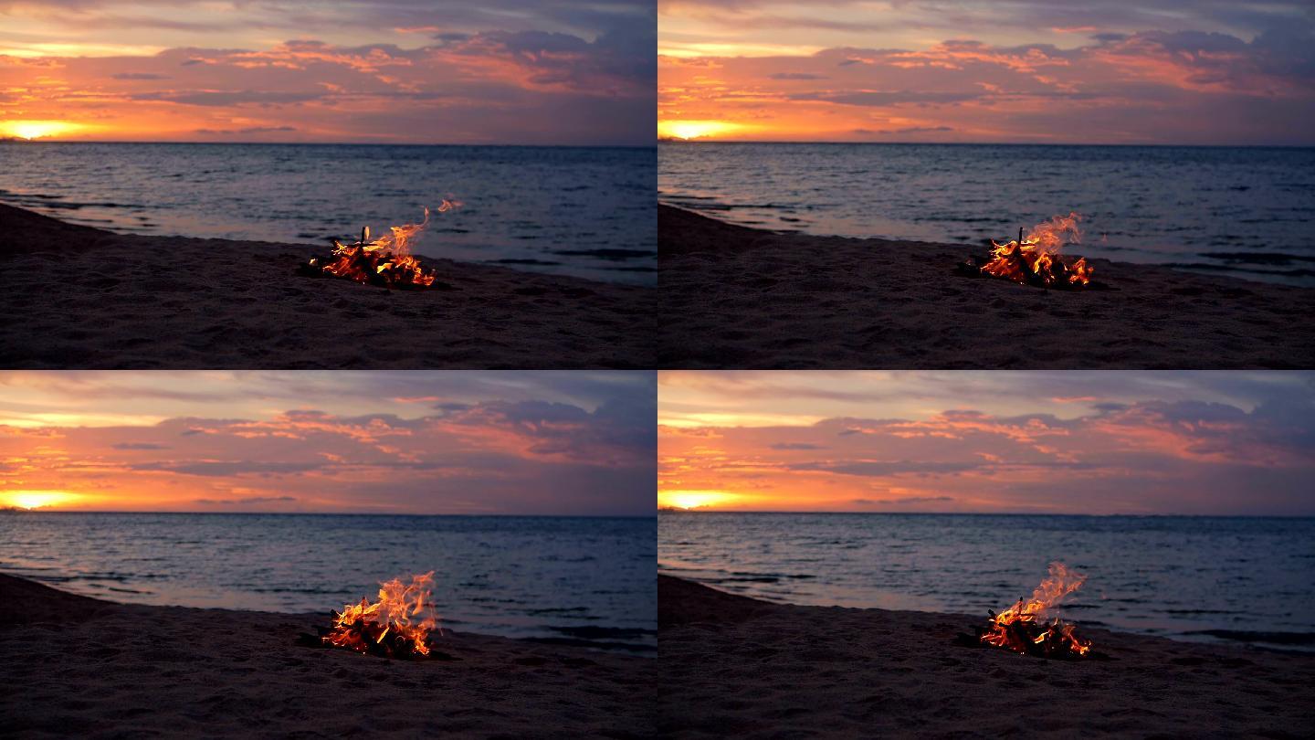 夏日傍晚在海滩上燃起篝火