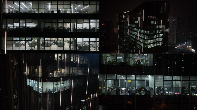 【4K】航拍城市写字楼加班夜景
