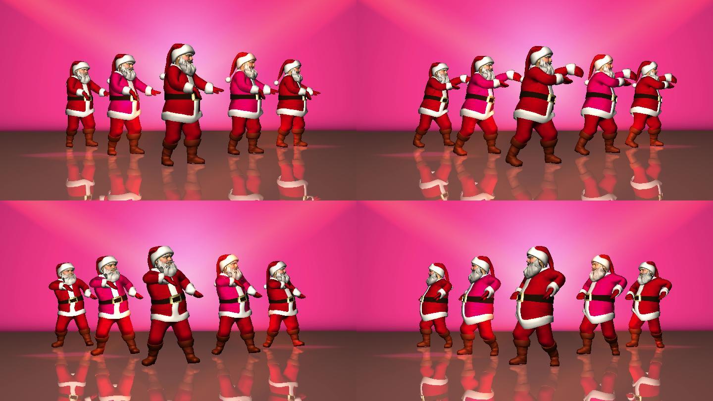 五个穿着红色套装的快乐的圣诞老人在跳舞