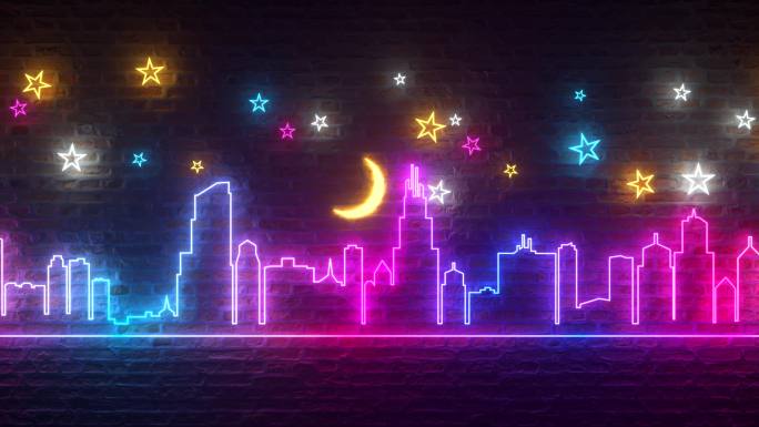 闪烁着霓虹灯的夜市映衬着星月的砖墙