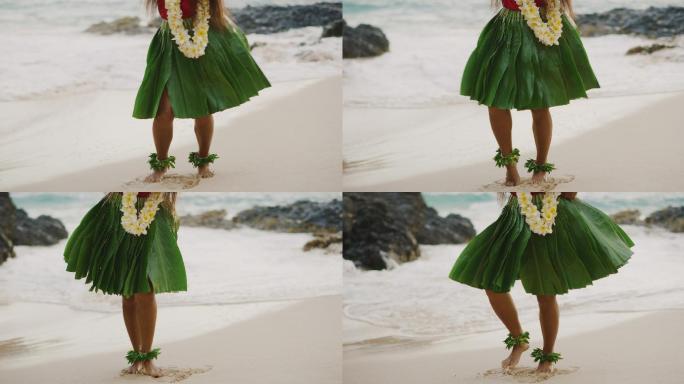 在海滩上表演夏威夷草裙舞的女人