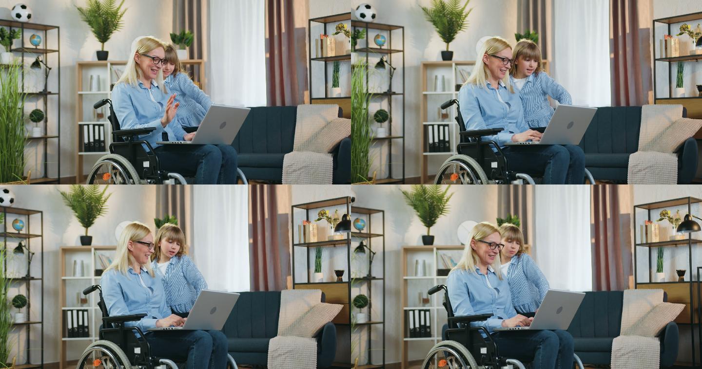残疾妇女和她女儿残障人士坐轮椅国外妈妈