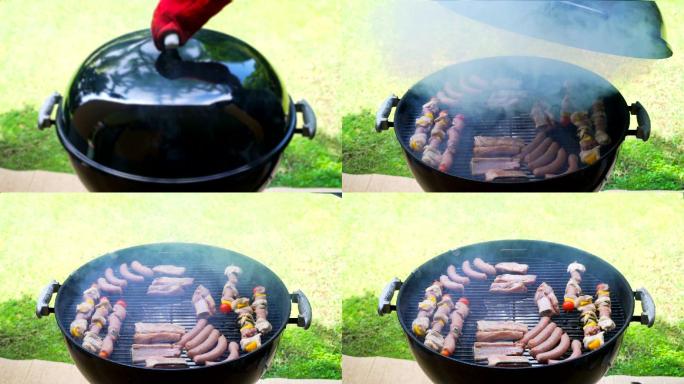 木炭烧烤，烤架上烤肉