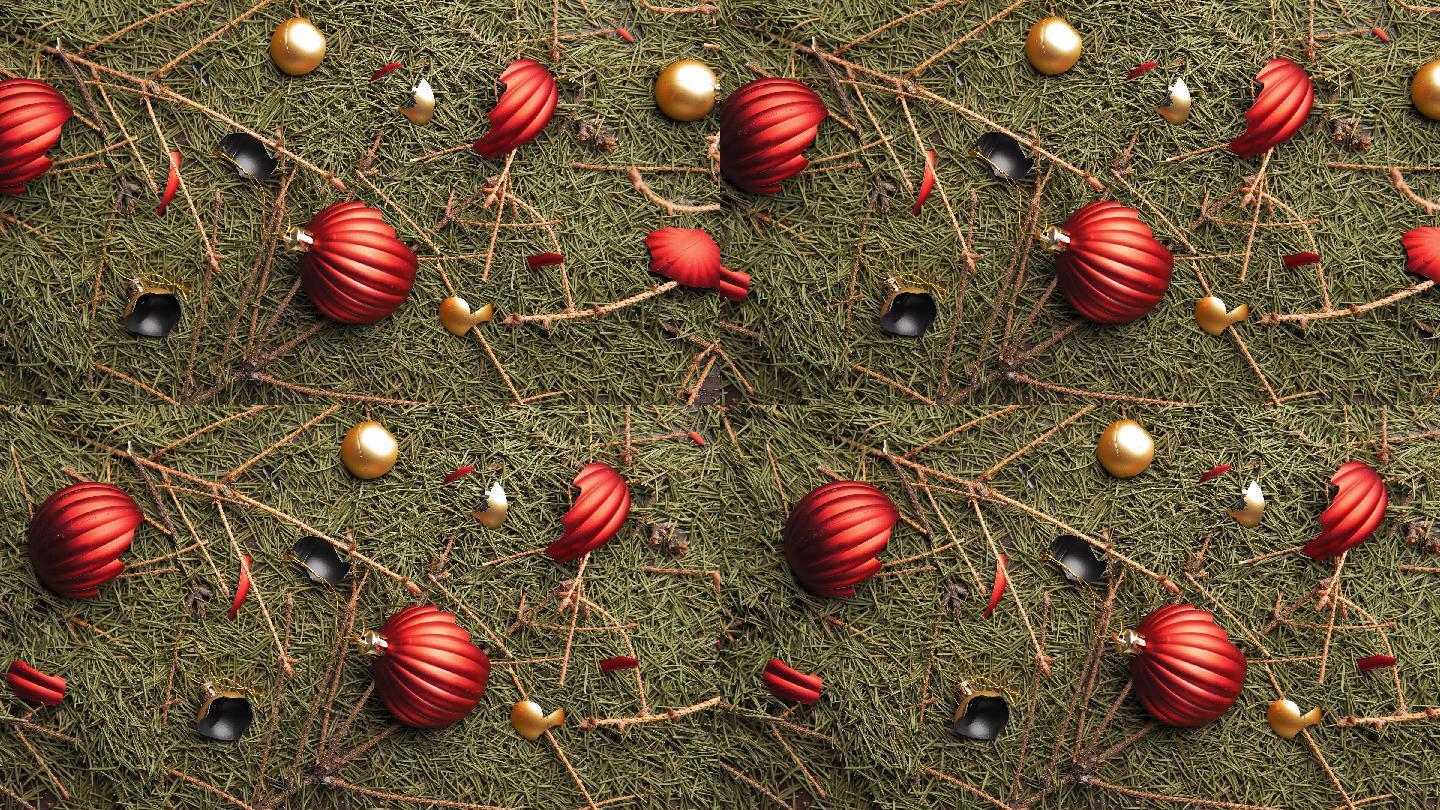 破碎的圣诞球躺在干枯的圣诞树枝上。