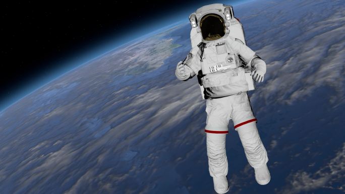 宇航员在太空行走，在空间挥舞着他的手
