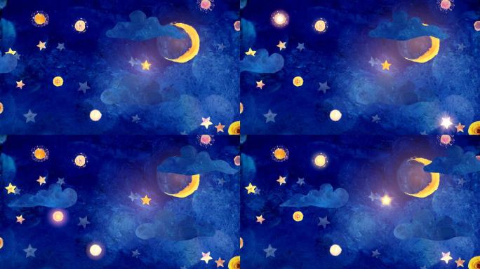 彩绘的月亮、云和星星背景