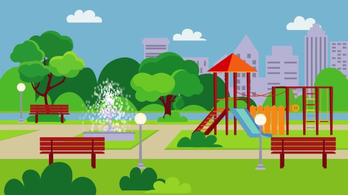 城市公园动画二维扁平图形场景背景
