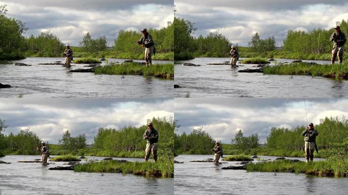 两名男子在挪威北部的一条河上钓鱼