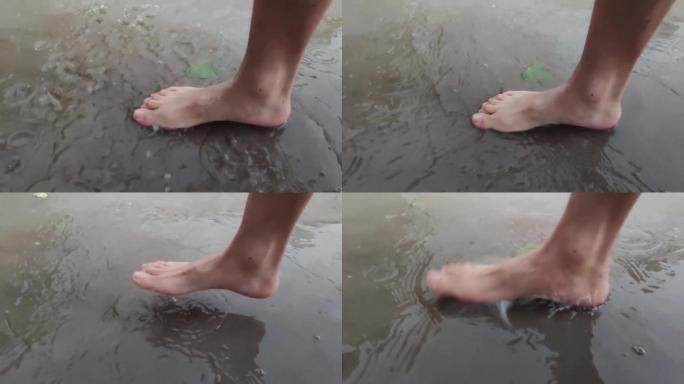 夏天 下雨 脚踩 雨水 水花 水波