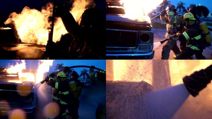 灭火的消防员119火灾着火起火大火汽车