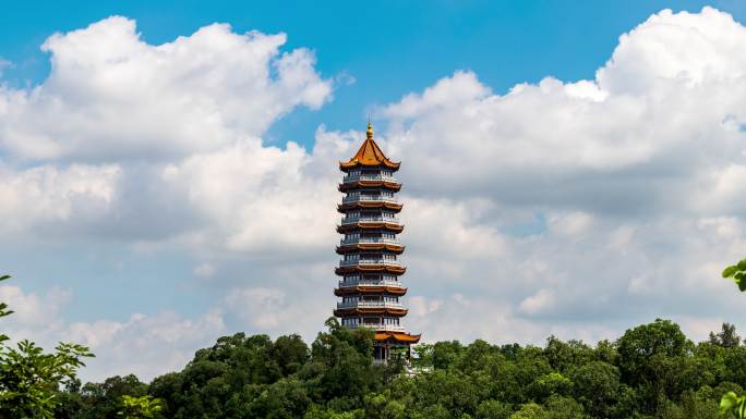 山顶上的古塔文昌塔传统建筑蓝天白云延时