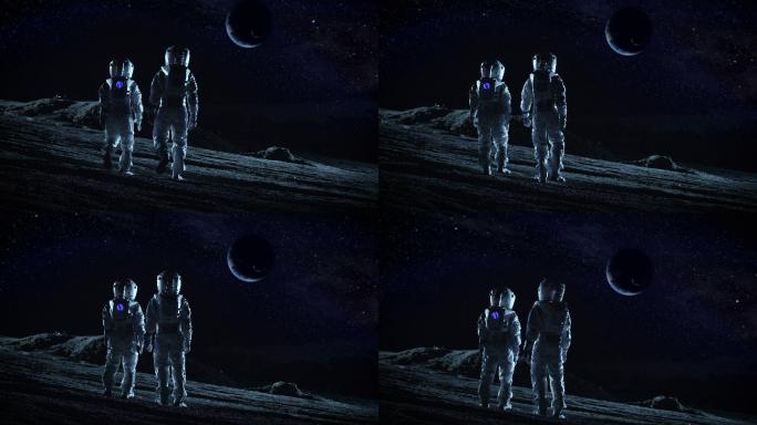 两名穿着宇航服的宇航员站在外星行星上