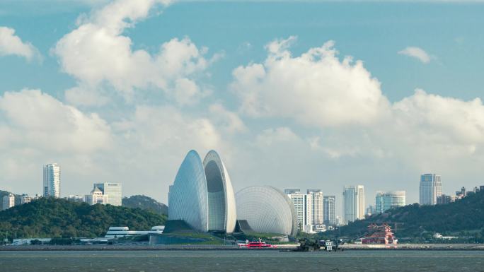 珠海城市风光珠海歌剧院蓝天白云4k延时