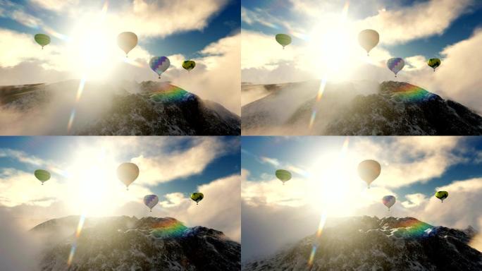 阳光下的热气球热气球飞行山脉夕阳日出日落