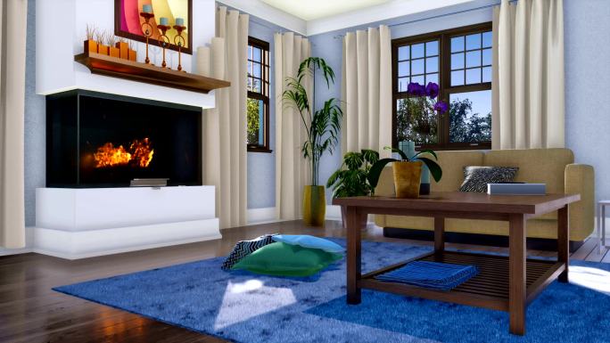 舒适客厅中的现代壁炉3D动画