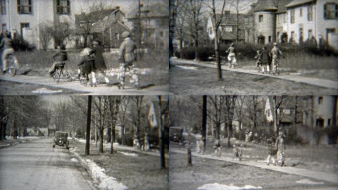 1938年：一群孩子在人行道上骑自行车