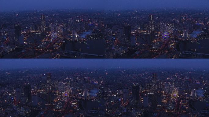 横滨夜景鸟瞰图。航拍
