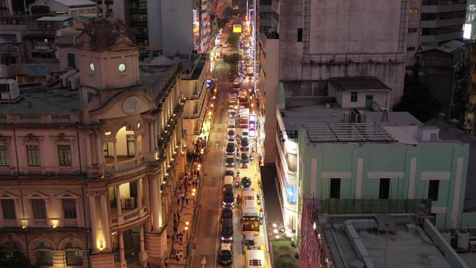 澳门夜晚城区马路楼顶航拍