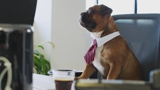 斗牛犬小狗打扮成商人，戴着领子和领带