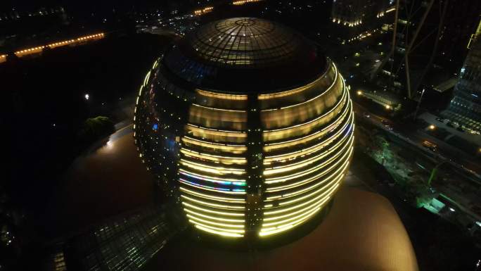 航拍杭州国际会展中心夜景灯光