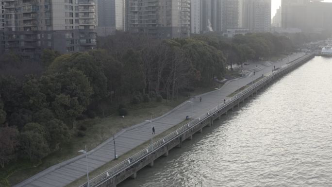 4K-log-航拍黄浦江陆家嘴滨江步道