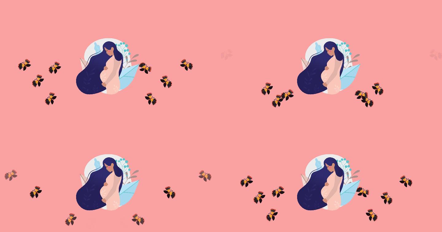 粉色背景上的孕妇和漂浮的黄黑蝴蝶的动画