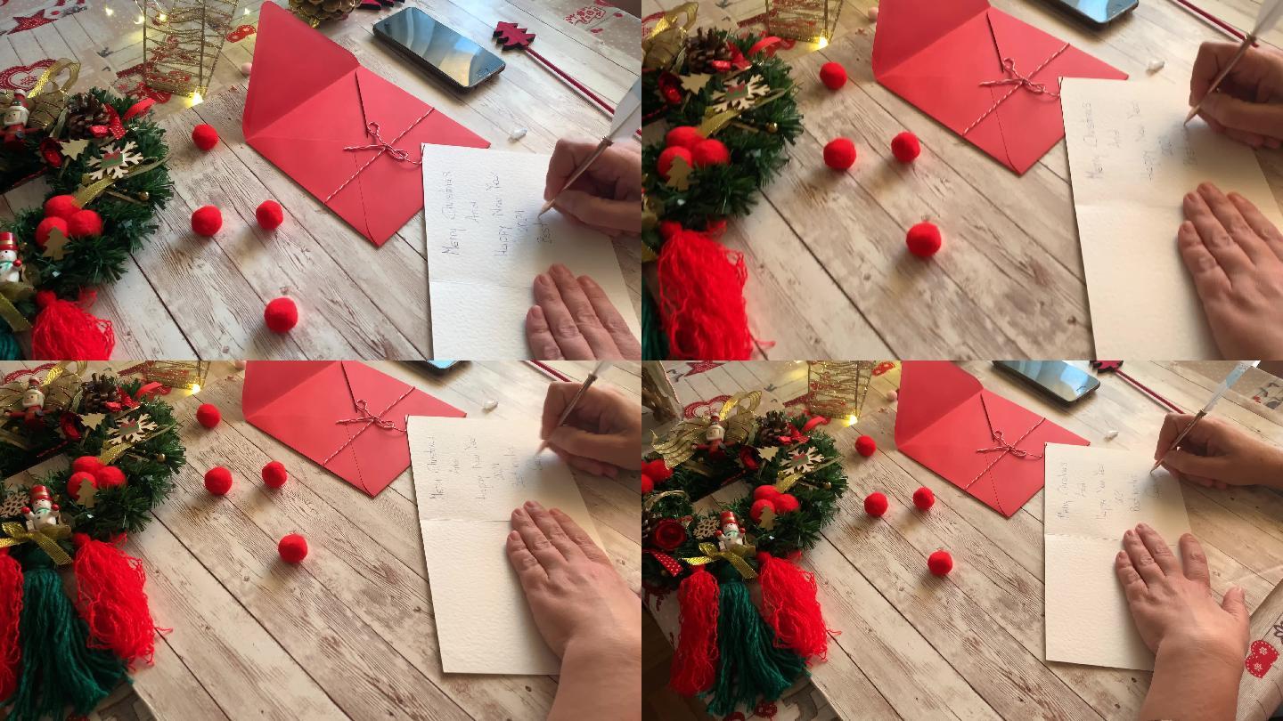 一个女人在客厅里用钢笔写圣诞卡