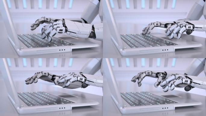 机器人用手在笔记本电脑键盘上打字