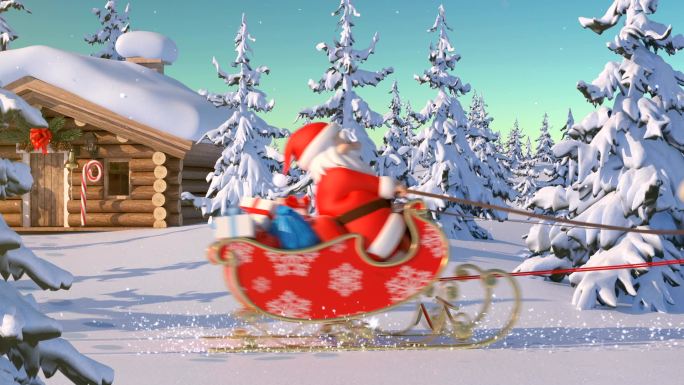 圣诞老人带着驯鹿从家出发。美丽的3d动画