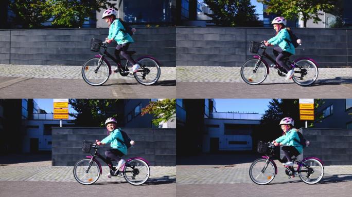 在一个阳光明媚的早晨，女孩骑自行车上学。