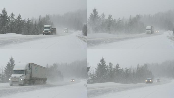 暴风雪肆虐期间，汽车沿着乡村公路行驶。