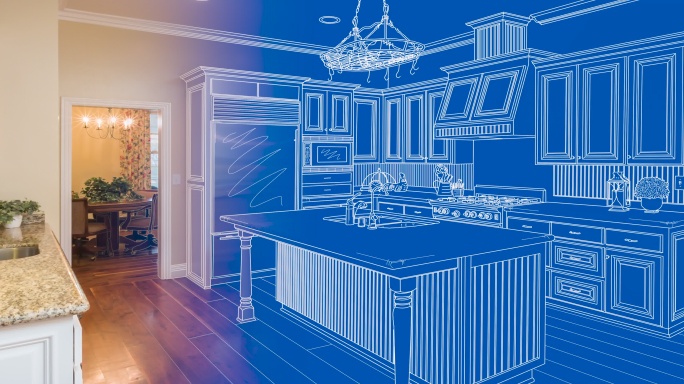 自定义厨房蓝图图纸转换为已完成构建