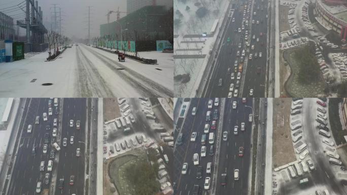 航拍山东淄博城市冬季大雪道路车流下雪