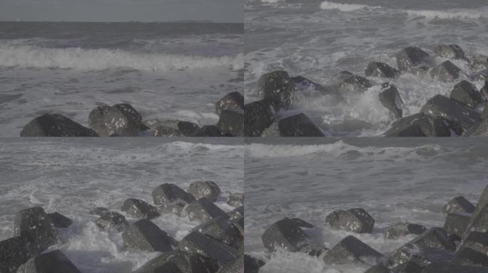 【升格】4条拍摄大海海浪浪花礁盘【灰片】