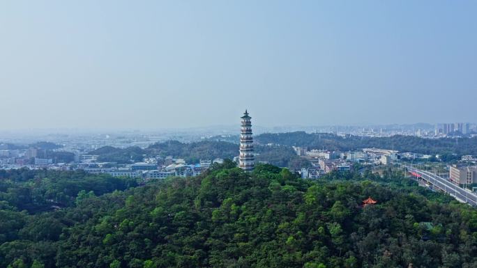 东莞航拍榴花文化旅游区榴花塔前进