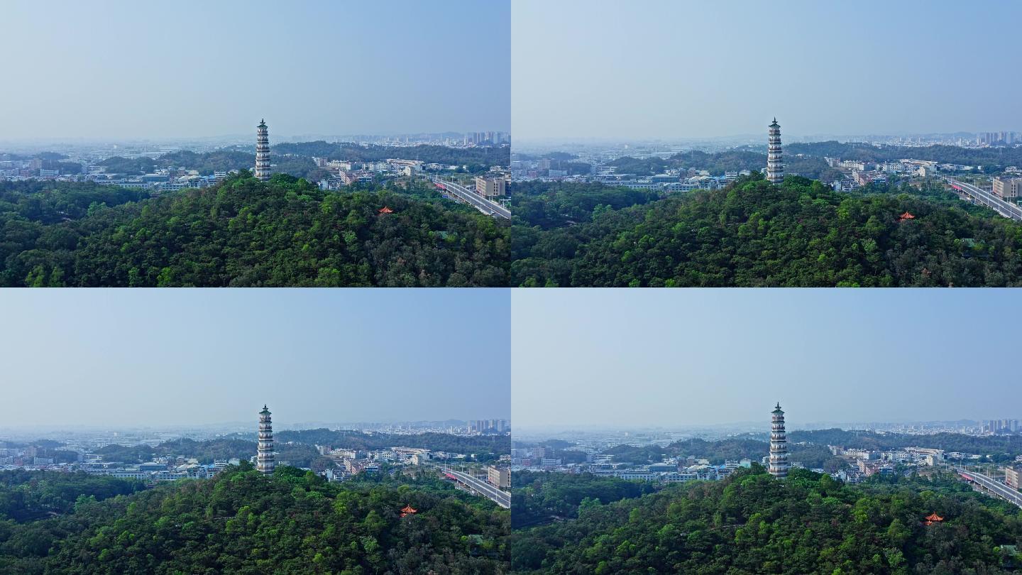 东莞航拍榴花文化旅游区榴花塔前进