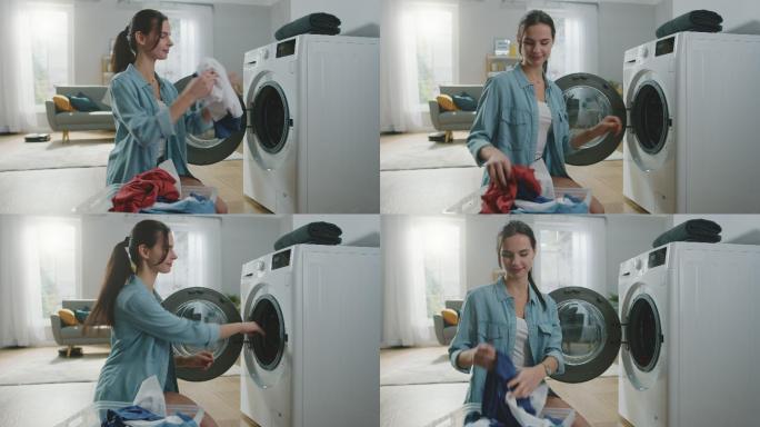 女子把脏衣服装进洗衣机。明亮宽敞的客厅