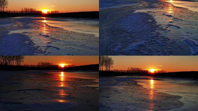 挠力河冰面上的夕阳