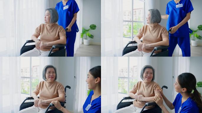 护士在养老院照顾坐轮椅的老年病人