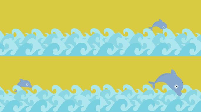卡通海豚在夏日天空的海浪间跳跃