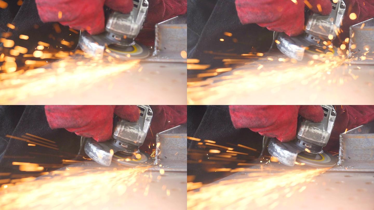 电动研磨机特写。点焊对焊火花四射工业制造