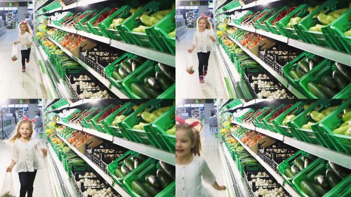 有趣快乐的小女孩超市菜市场跑动